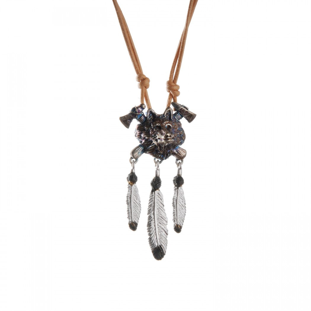 Collana lupo con Tomahawk e Piume